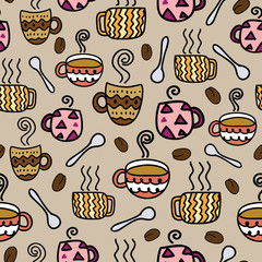 Seamless cute coffee cup colorful doodles on brown background