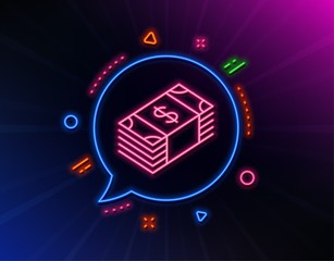 Cash money line icon. Neon laser lights. Banking currency sign. Dollar or USD symbol. Glow laser speech bubble. Neon lights chat bubble. Banner badge with usd currency icon. Vector