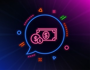 Cash money with Coins line icon. Neon laser lights. Banking currency sign. Dollar or USD symbol. Glow laser speech bubble. Neon lights chat bubble. Banner badge with dollar money icon. Vector