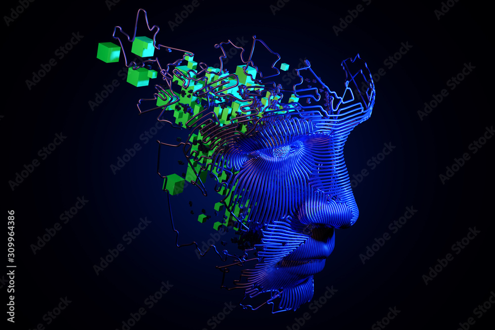Wall mural abstract digital human face. artificial intelligence concept of big data or cyber security. 3d illus