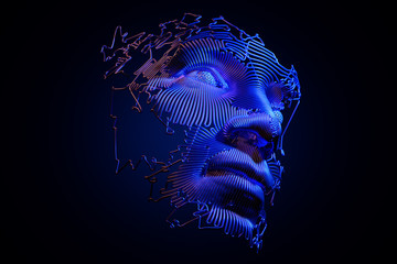 Abstract digital human face.  Artificial intelligence concept of big data or cyber security. 3D illustration 