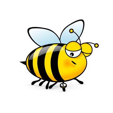 Illustration of a Friendly Cute Sleepy Bee Looks at the Clock on White Background