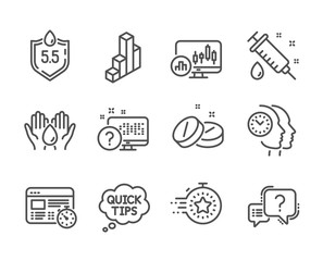 Set of Science icons, such as Question mark, Timer, Time management, Candlestick chart, Medical syringe, Online quiz, Ph neutral, 3d chart, Web timer, Safe water, Medical tablet. Vector