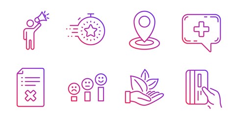 Reject file, Brand ambassador and Medical chat line icons set. Timer, Location and Customer satisfaction signs. Organic product, Payment card symbols. Decline agreement, Megaphone. Vector