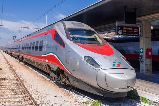 VENICE, ITALY-APRIL 22, 2017: Trenitalia high speed trains train trains at the Venice St. Lucia railway station