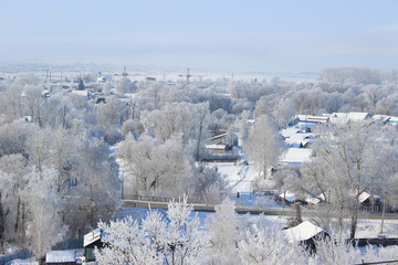 Fototapeta na wymiar Winter frosty day. Town with houses and trees covered with frost.
