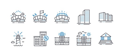 Set of Buildings icons, such as Loan house, Arena stadium, Arena, Skyscraper buildings, Lighthouse, Hotel, Hospital, Court building line icons. Line loan house icon. Vector