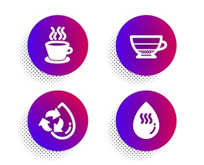 Americano, Tea cup and Recycle water icons simple set. Halftone dots button. Hot water sign. Beverage cup, Coffee mug, Refill aqua. Aqua drop. Food and drink set. Classic flat americano icon. Vector