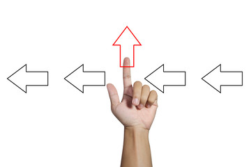 Hand choose agreement, arrows concept with marker on transparent wipe board. 