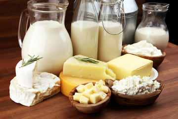 Different  healthy dairy products on rustic background with milk, cheese, butter and cottage