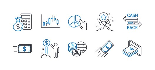 Set of Finance icons, such as Money transfer, Cashback card, Fast payment, Pie chart, Income money, Finance calculator, Loyalty points, Candlestick graph, Cash line icons. Vector