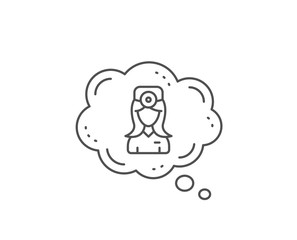 Oculist doctor line icon. Chat bubble design. Health eye sign. Optometry clinic symbol. Outline concept. Thin line oculist doctor icon. Vector