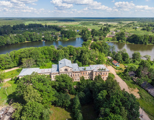 Fototapeta na wymiar Destroyed old manor near the village of Aleksino, Smolensk region, Russia, aerial photography