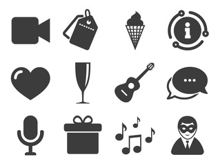 Carnival, guitar and champagne glass signs. Discount offer tag, chat, info icon. Party celebration, birthday icons. Gift box, ice cream and love symbols. Classic style signs set. Vector