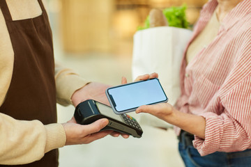 Close up of unrecognizable modern woman paying via NFC while grocery shopping at farmers market, copy space
