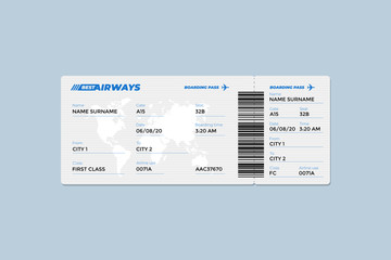 Realistic airline ticket boarding pass design template with first class passenger name and barcode. Air travel by airplane document vector illustration