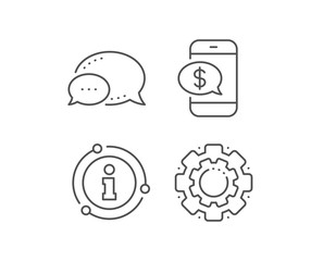 Pay by phone line icon. Chat bubble, info sign elements. Mobile payment sign. Finance symbol. Linear phone payment outline icon. Information bubble. Vector