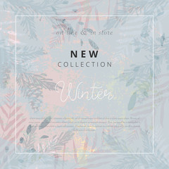 Social media banner template for advertising winter arrivals collection or seasonal sales promotion. Beautiful textured background with botanical  ornate imitating  watercolor or gouache paintings