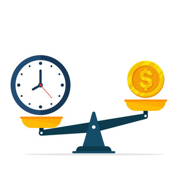 Vector Watches And Money Are On Scales. The Concept Of Weighing Time And Money To Find A Balance.