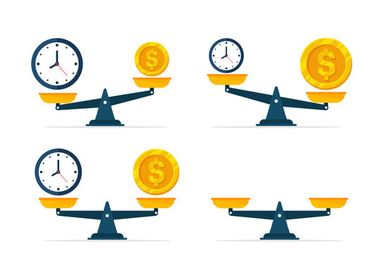 Vector watches and money are on scales. The concept of weighing time and money to find a balance.