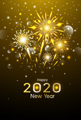 Happy new year design of gold fireworks at night vector illustration