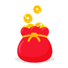 Red bag vector containing a lot of Chinese money. The money bag is a symbol of wealth.