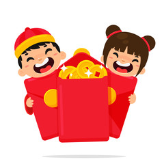 Vector Chinese cartoon children who are happy after receiving an Angpao from their relatives during the Chinese New Year.