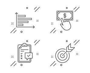 Checklist, Horizontal chart and Payment click line icons set. Target sign. Survey, Presentation graph, Financial transfer. Targeting. Finance set. Line checklist outline icon. Vector