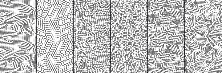 Set of organic seamless patterns with rounded lines, drips. Diffusion reaction background. Linear design with biological shapes. Structure of natural cells, maze, coral. Abstract vector illustration.