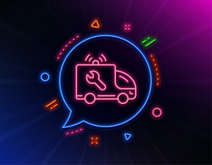 Spanner tool line icon. Neon laser lights. Car repair service sign. Fix instruments symbol. Glow laser speech bubble. Neon lights chat bubble. Banner badge with car service icon. Vector