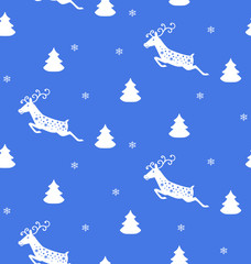 Deer christmas seamless pattern. Winter blue white simple monochrome lanscape