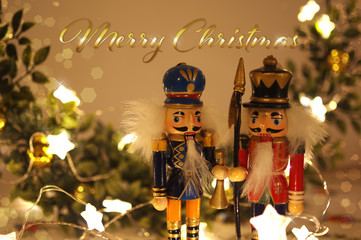 Vintage Merry Christmas greeting card with nutracker soldier toys and christmas lights