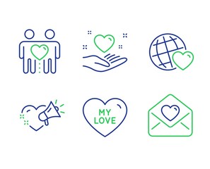 My love, Friends couple and Friends world line icons set. Love message, Hold heart signs. Sweet heart, Friendship. Love set. Line my love outline icons. Vector