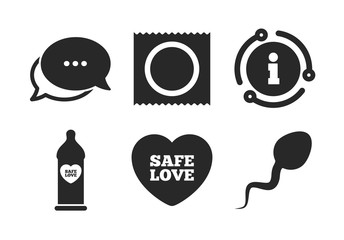 Condom in package symbol. Chat, info sign. Safe sex love icons. Sperm sign. Fertilization or insemination. Classic style speech bubble icon. Vector