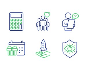 Christmas calendar, Customer survey and Crowdfunding line icons set. Friendship, Calculator and Eye protection signs. Presents day, Contract, Start business. Trust friends. Business set. Vector
