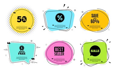 Save up to 60%. Best seller, quote text. Discount Sale offer price sign. Special offer symbol. Quotation bubble. Banner badge, texting quote boxes. Discount text. Coupon offer. Vector