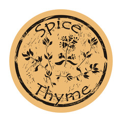 Thyme spice view icon vector round shabby emblem design, old retro style. Thyme flowers and leaves spicy ingredient logo mail stamp on craft paper. Cooking ingredient vintage grunge sign.