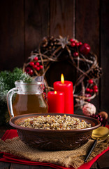 Kutya. Christmas porridge made of wheat grains, poppy seed, nuts, raisins and honey. Christmas kutia. Ukrainian cuisine.