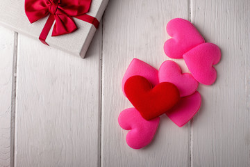 Valentines Day Hearts on a white wooden. Background. Valentine concept