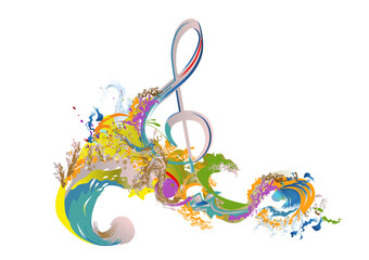 Abstract musical design with a treble clef and colorful splashes and waves. Hand drawn vector illustration. © Anna Laifalight