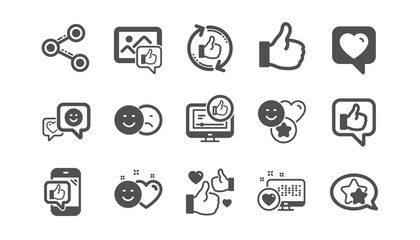 Social media icons. Share network, Like thumbs up and Rating. Feedback smile classic icon set. Quality set. Vector