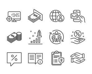 Set of Business icons, such as Messenger mail, Helping hand, Seo, Discount message, Privacy policy, Savings, International recruitment, Technical info, Development plan, Loan percent. Vector