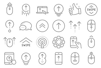 Swipe up line icons. Scrolling mouse, landing page swipe signs. Scroll up mobile device technology icons. Website scroll navigation. Tablet pc or smartphone symbols. Phone scrolling. Vector
