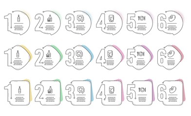 Whiskey glass, Cooking hat and Food line icons set. Infographic timeline. Beans, Brandy bottle and Water cooler signs. Scotch drink, Chef, Restaurant. Vegetarian seed. Food and drink set. Vector