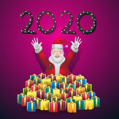 Santa Claus boxes with gifts date 2020 from Christmas tree on isolated background. Vector image