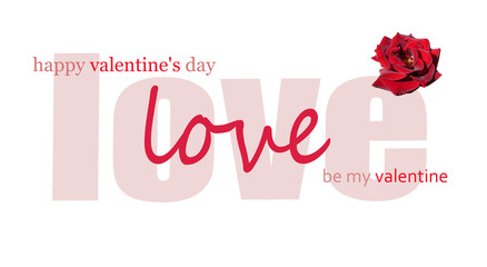 Congratulation on Valentines Day. Illustration with the inscription and a dark red rose in the corner isolated on white background. Design for print cards, banner, poster