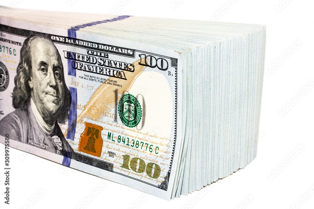 Wall mural bank dollar bills stack on white background