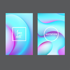Fluid colors universal cards set. Fluid shapes with bright colors and textures. Designs for prints, wedding, anniversary, birthday, Valentine's day, party invitations, posters, cards, etc. Vector.