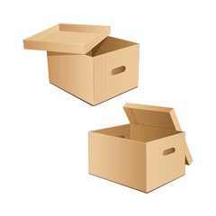 Cardboard open boxes with holes for hands. For storage or other purpose. Vector illustration