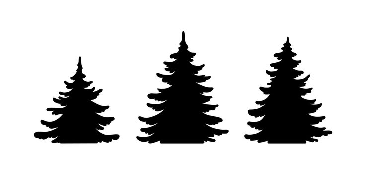 Pine tree vector shape set. Hand drawn stylized black monochrome illustration collection isolated on white background. Forest Element design for christmas card, banner, laser cut